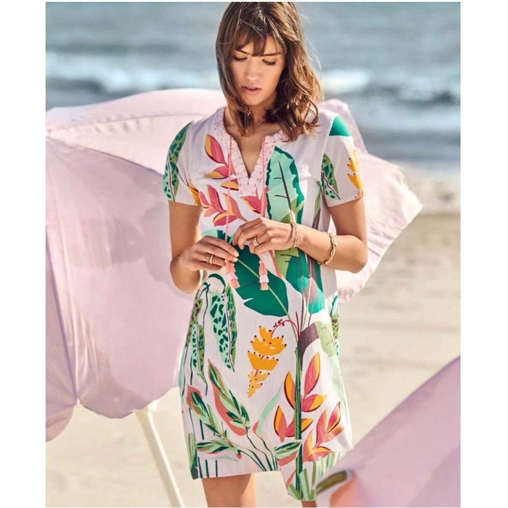 Spartina 449 Women Small Brielle Pink Lemonade Cotton Tropical Leaf Tassel Dress